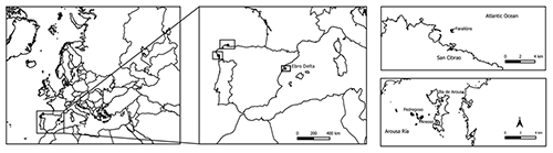 Location of the three study sites within the context of the Iberian Peninsula and western Europe. We also show the location of the Ebro Delta colony in the Iberian Mediterranean, which was until recently the only colony of the species in Iberia.