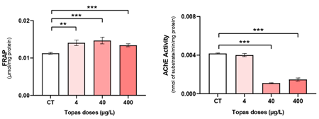 (A) FRAP capacity and (B) acetylcholinesterase activity (AChE) in the siphons of untreated (control) and treated Ruditapes decussatus with different concentrations of Topas (4, 40 and 400 μg L-1) for 96 hours. Values are expressed as means±SE (n=8). D1, D2 and D3 groups vs control group (CT): *p<0.05, **p<0.01, ***p<0.001.